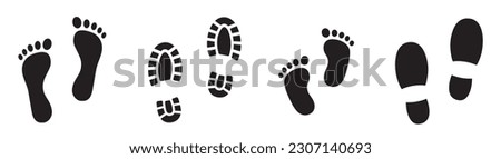 Different human footprints. Imprint soles shoes silhouette. Baby children footprint, Shoes for children and adults, adults and children's steps. Flat style collection.