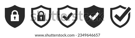 Security shield and shield check set. Security shields sign with check mark and padlock. Protect shield icons.