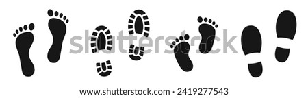 Different human footprints. Imprint soles shoes silhouette. Baby children footprint, Shoes for children and adults, adults and children's steps. Flat style collection.