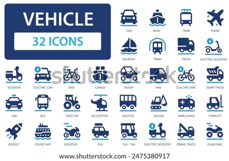 Transport and vehicle icons collection. Ways of moving in space. Car, train, electric scooter, motorbike, bus. Simple flat vector icon.