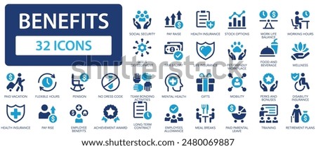 Employee benefits icon set. Health insurance, bonus, social security, maternity rest, paid.