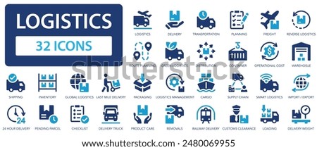 Logistics icon set. Delivery  Logistic symbol collection. Shipping, delivery, distribution, cargo, freight, route, transportation.