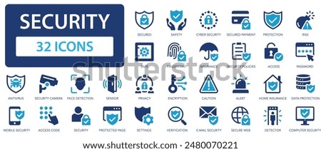 Security icon set. Security  Protection symbol collection. Safety, insurance, cybersecurity, data protection, locked, password.