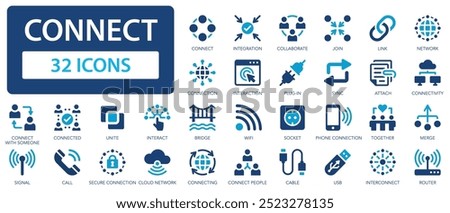 Connect icon set. Interaction, plug-in, cloud, join, cable, connected, network, collaboration, connectivity.