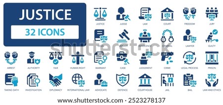 Justice icon set. Law, legal, judgment, prison, court, freedom.