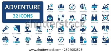 Adventure icon set. Lifestyle, hike, camera, risk, journey, diving, running, jumping.