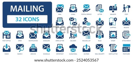 Mailing icon set. Mail, send, spam, email, shipping, mailbox, postman, letter.