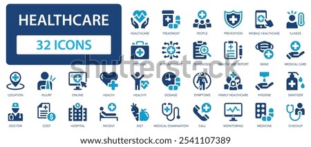 Healthcare vector icon set. Medicine, treatment, diagnosis, prevention, health, emergency, doctor.