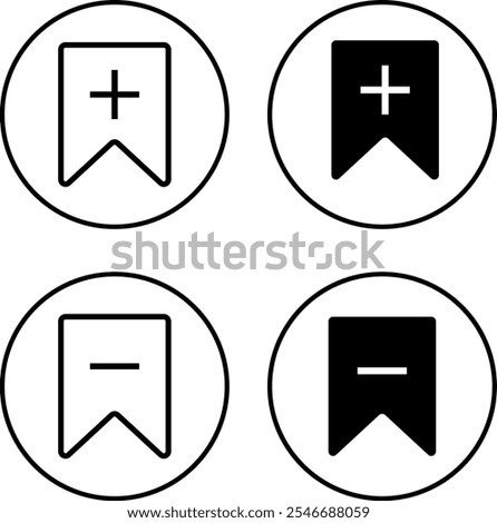 Add and remove bookmark icon set collection. Save sign collection. unsaved icons symbol
