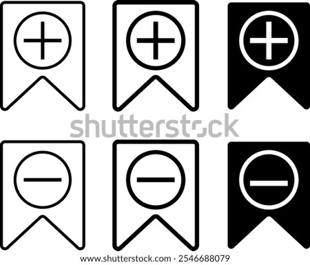 Add and remove bookmark icon set collection. Save sign collection. unsaved icons symbol
