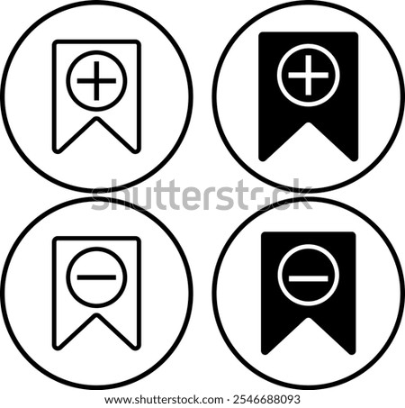 Add and remove bookmark icon set. Bookmark icon with plus and minus sign. Save and unsaved concept. 