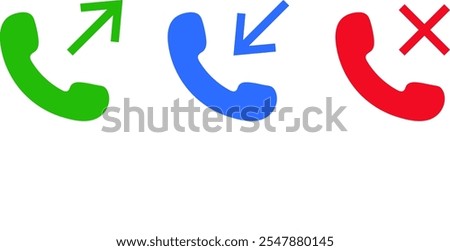 Set of Incoming, outgoing, and missed icon. Telephone call icons symbol . Interface buttons for mobile connection
