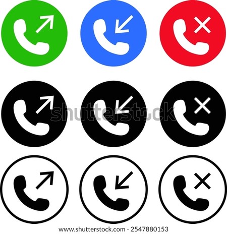 Set of Incoming, outgoing, and missed icon. Telephone call icons symbol . Interface buttons for mobile connection
