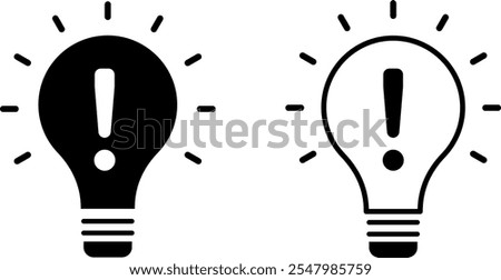 Exclamation mark on light bulb icon set. Light Bulb icon with exclamation mark. Lighting Electric arrows lamp. Idea icon
