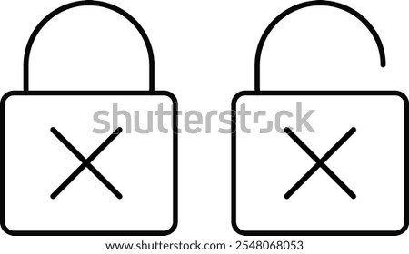 lock and unlocked with cross mark icon set. Security shield outline symbols with check mark. Lock with cross simple 
