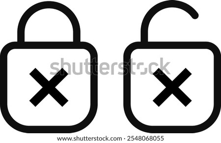 lock and unlocked with cross mark icon set. Security shield outline symbols with check mark. Lock with cross simple 
