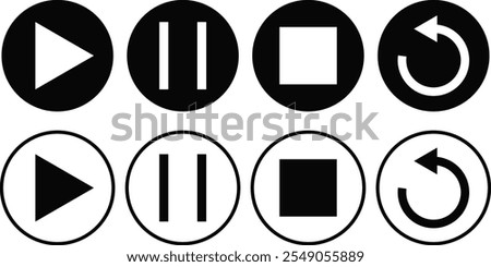 media player button icon set . Replay icon symbol.  Pause sign.collection of multimedia symbols
