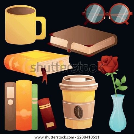 Book new cartoon set for World Book Day with two books, womens red glasses, different colored book line, yellow cup of coffee, red rose in a vase, cup of cocoa, brown retro ols book, yellow new diary