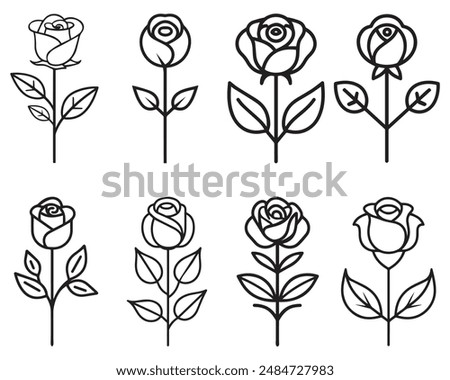 Rose flower black outline icon natural style green leaf celebration design.