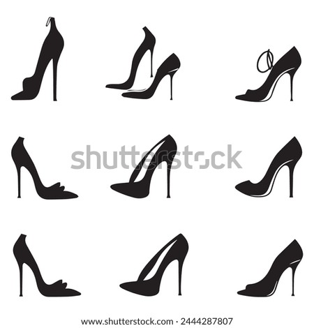 Set of black high heel shoes silhouettes isolated on white background.