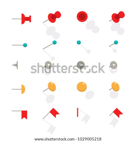 Push pin for map. Vector flat icon set of office thumbtacks isolated on a white background.