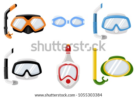 Snorkel masks for diving and swimming of different types. Vector cartoon flat icons set isolated on white background.