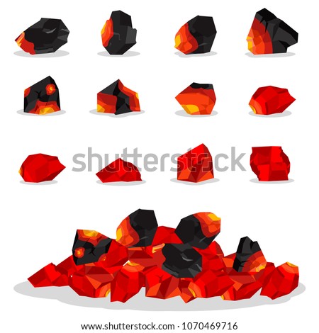 Burning charcoal for grill and barbecue. Vector flat set of smoldering coal briquettes isolated on white background.