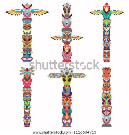 Traditional totem pole with tiki mask and eagle. Vector cartoon flat icons set isolated on white background.
