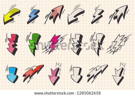 Arrow and lightning flash comic book and doodle style elements. Vector cartoon icons set isolated on a notebook page background.