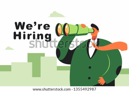 We're hiring vector flat concept illustration with businessman with binoculars isolated on city skyline background.