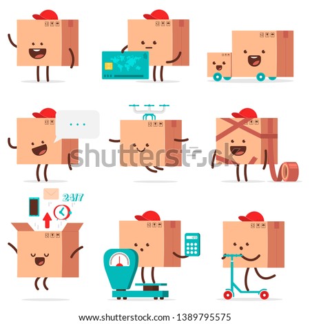 Cute delivery box characters vector cartoon set isolated on a white background.