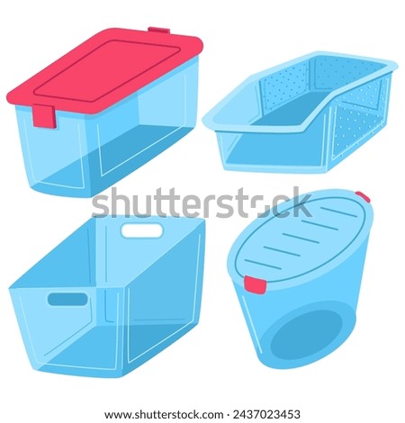 Plastic storage bins and containers vector cartoon set isolated on a white background.