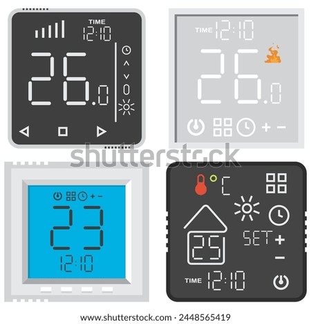 Thermostat and temperature controller and sensor vector cartoon set isolated on a white background.