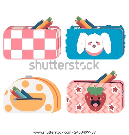 Pencil pouch cases vector cartoon set isolated on a white background.