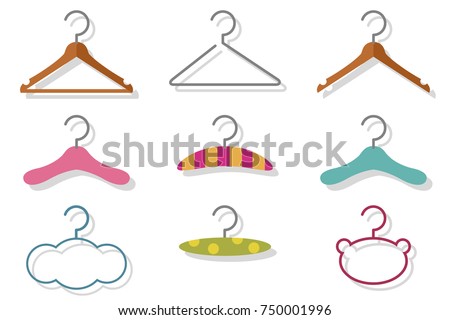 Fashion and baby clothes hanger vector cartoon flat icon set isolated on a white background.