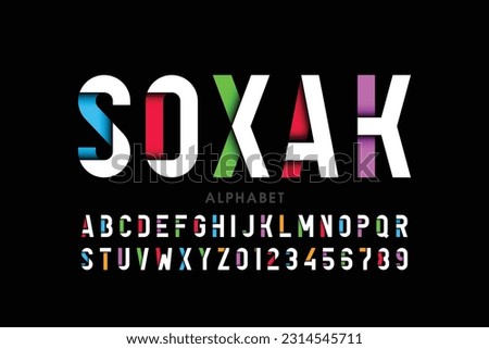 Colorful font. Colorful condensed alphabet and font. Condensed bold uppercase color letters. Type, typography letter latin font. Hand-drawn modern narrow font for headline, text. Vector Illustration Stock fotó © 