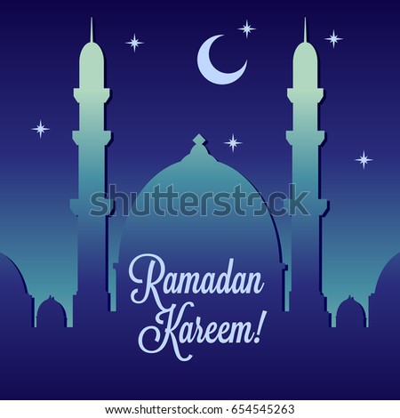 Ramadan Kareem, vector illustration with mosque or masjid, with half moon and star. Eid Mubarak greeting card.