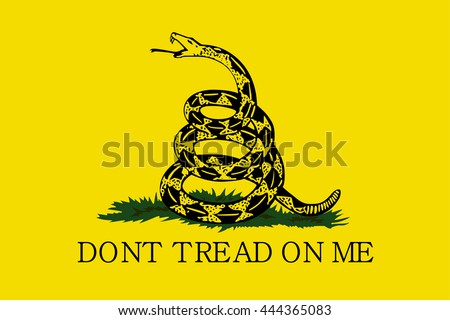 Vector Gadsden flag depicting a rattlesnake coiled in the grass and the inscription Don’t Tread On Me