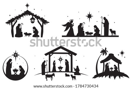 Set of holy Christmas scene. Collection of silhouettes traditional christian characters holy night. Family holidays. Vector illustration of sacred elements for holiday cards. Stock foto © 