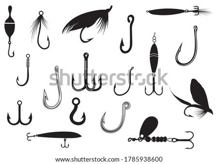 Set of fishing bait. Collection of metal  balanced fishing gear for outdoor activities. Sports hobby. Vector illustration for a fishing shop.