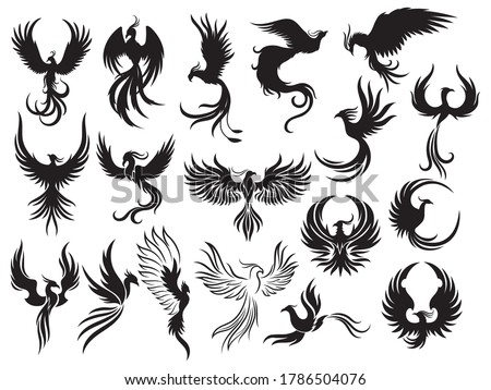 Set of Phoenix bird silhouettes. Collection of firebirds in various styles. Stylized logo. Fantastic animals. Ornithology. Vector illustration isolated on white background.