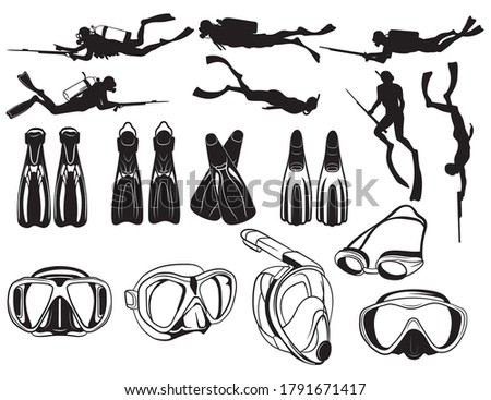 Set of diving equipment. Collection of silhouette scuba diving. Diver in wetsuit. Accessories for underwater recreation and fishing. Vector illustration on a white background.