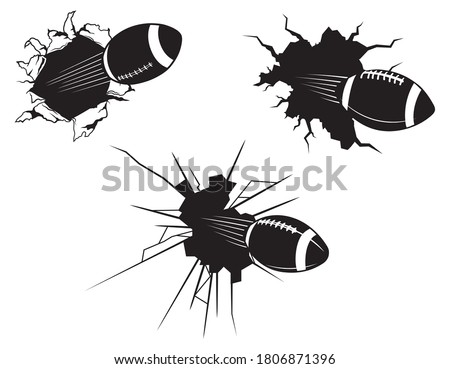 Set of balls in a tearing hole. Collection of sports equipment for American football damage a wall. Sports logo. Vector illustration isolated on white background.