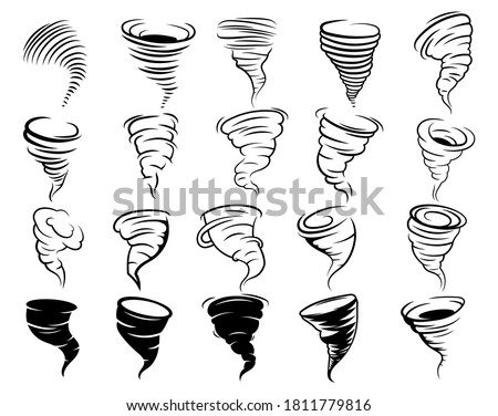 Set of silhouette tornado. Сollection of destructive natural vortex. Stylized hurricane. Natural disaster logo. Vector illustration of a weather cataclysm.