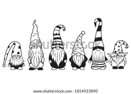 Set of little garden gnomes. Collection of cute holidays elves with hats. Vector illustration for New Year postcard. Drawing for children.
