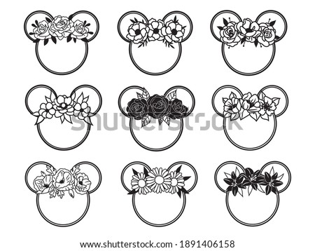 Set of flower mouse head. Collection of portrait mouse with flower headband. Floral cartoon animal. Vector illustration of white background. Tattoo.