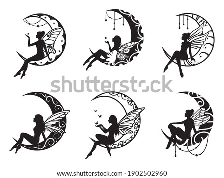 Set of ethnic crescents with fairies. Collection of moon with mandala. Design for painting with henna. Vector illustration of a cosmic body with fairy-tale characters.