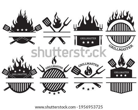 Set of different logos of the grill master. Collection of the shield emblem on fire with barbecue accessories paw, lard, tongs. Black and white vector illustration for food establishments. Chef logo.