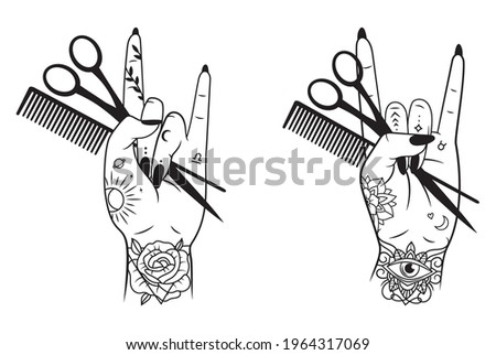 Set of female hand with hairdressing tools. Collection of stylists hand with scissors. Logo for beauty salon. Tattoo.  Horn sign. Vector illustration of emblem of hairdresser wrist.