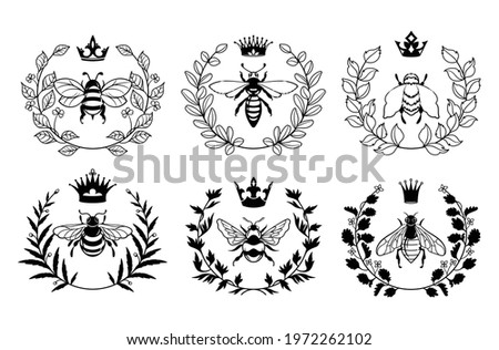 Set of laurel bee wreath. Collection of floral bumblebee with crown. Bee kind. Design of invitations. Circle nature frame with honey insect. Vector illustration of bee crest.